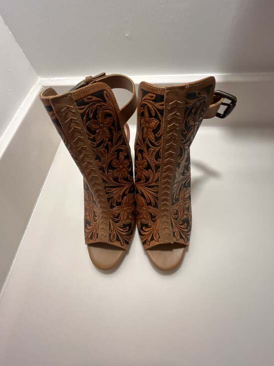 Myra Bag Awesome shoes Shoes - Myra Bag Dodge Town Hand-Tooled Leather Open Toe Heels